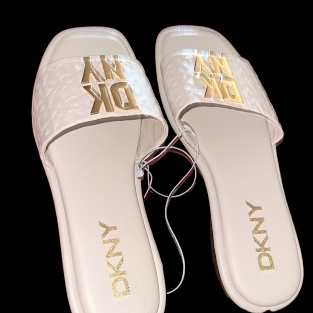 DKNY White  Neutral Gold Logo Bling Slip On Flat Slides  Sandals Size 10